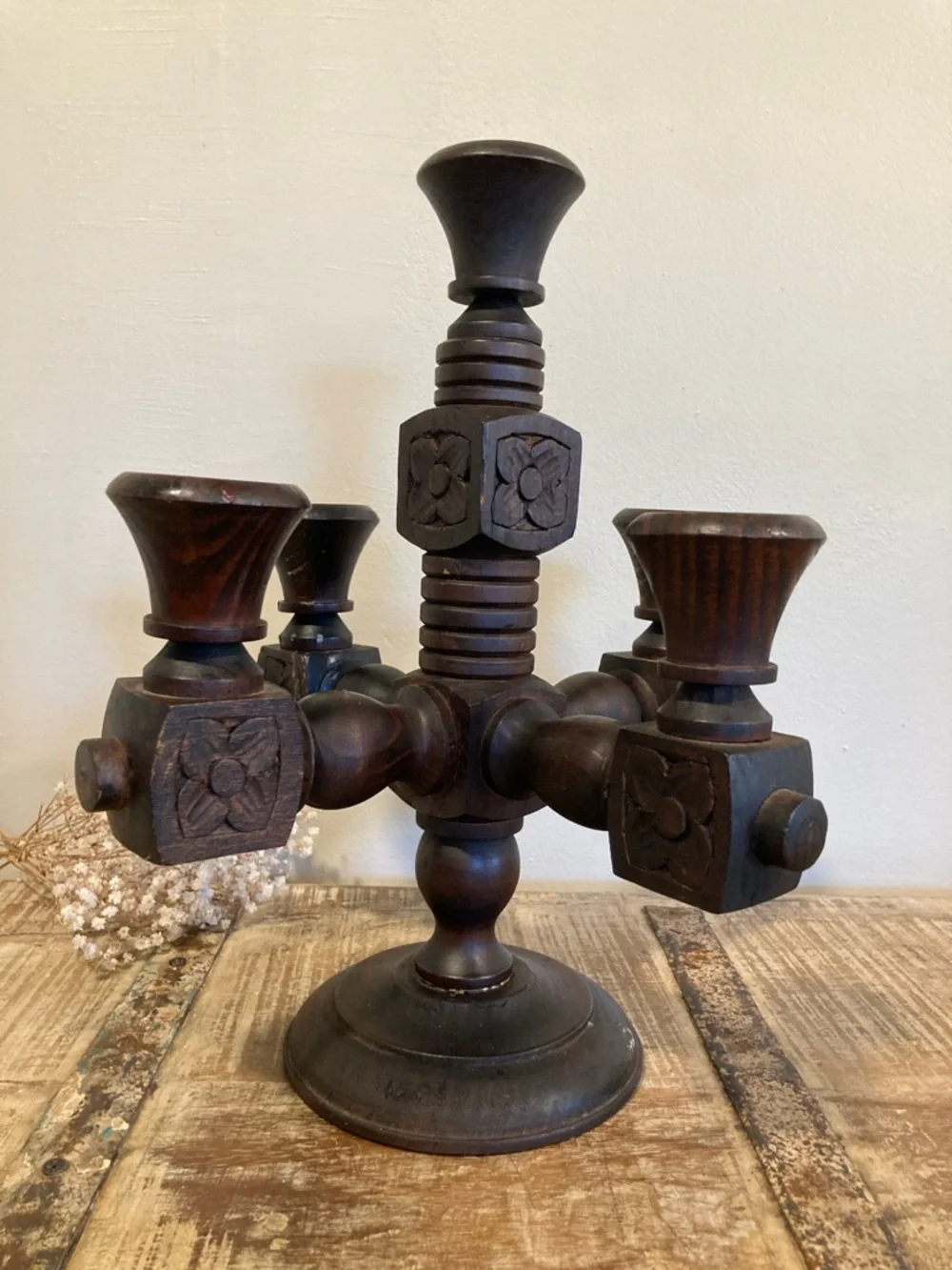 Spanish Revival Gothic Wood Candelabra 5 Candle 13” Rustic Decor - Picture 3 of 16